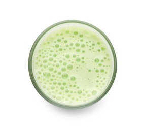 Photo of Fresh mung bean juice in glass isolated on white, top view