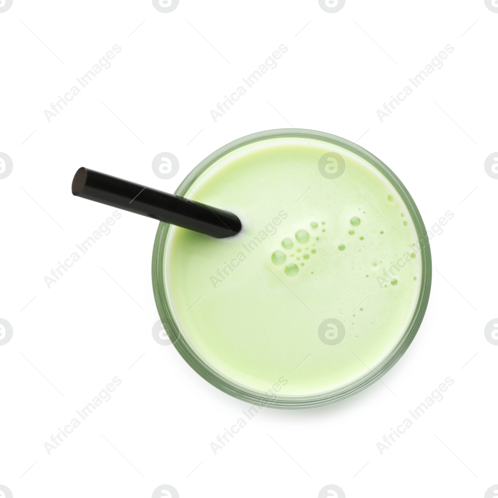 Fresh mung bean juice in glass isolated on white, top view Photo of Fresh mung bean juice in glass isolated on white, top view
