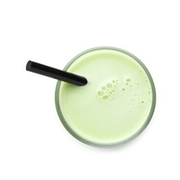 Photo of Fresh mung bean juice in glass isolated on white, top view