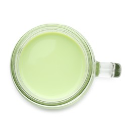 Photo of Fresh mung bean juice in mason jar isolated on white, top view
