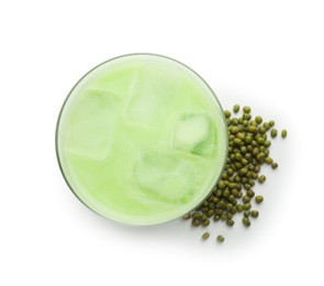 Photo of Fresh mung bean juice in glass and seeds isolated on white, top view