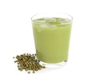 Photo of Fresh mung bean juice in glass and seeds isolated on white