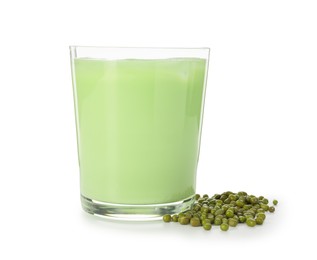 Photo of Fresh mung bean juice in glass and seeds isolated on white