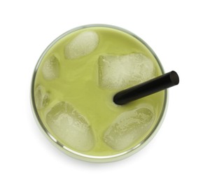 Photo of Fresh mung bean juice in glass isolated on white, top view