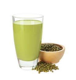 Photo of Fresh mung bean juice in glass and seeds isolated on white