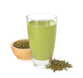 Photo of Fresh mung bean juice in glass and seeds isolated on white