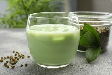 Photo of Fresh mung bean juice in glass, seeds and green leaves on grey table, closeup