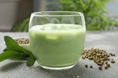 Photo of Fresh mung bean juice in glass, seeds and green leaves on grey table, closeup