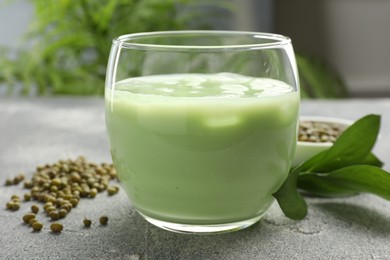 Photo of Fresh mung bean juice in glass, seeds and green leaves on grey table, closeup