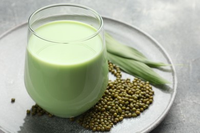 Photo of Fresh mung bean juice in glass, seeds and green leaves on grey table, closeup