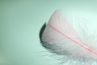 Photo of Fluffy pink feather on light turquoise background, closeup. Space for text