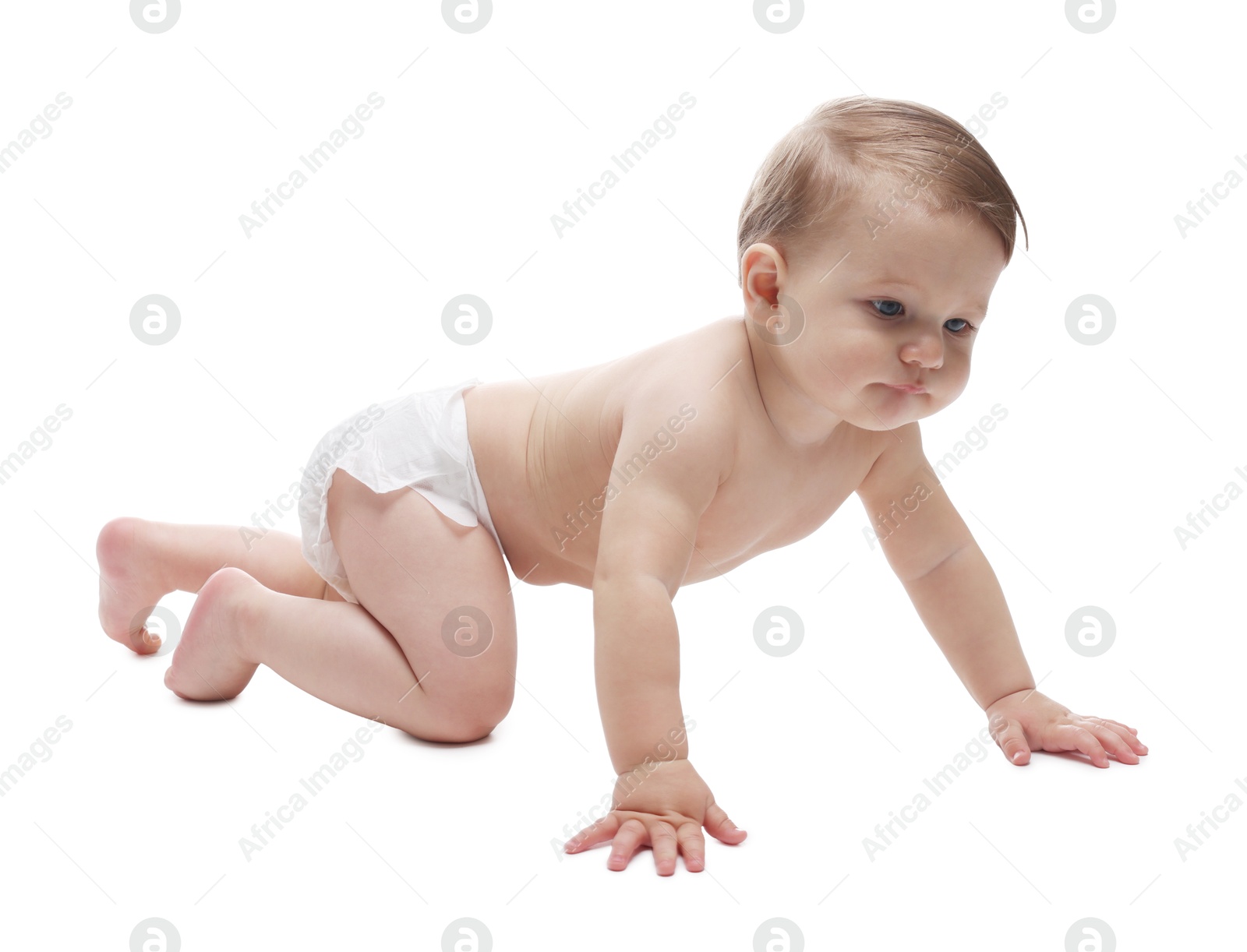 Photo of Cute little baby in diaper on white background