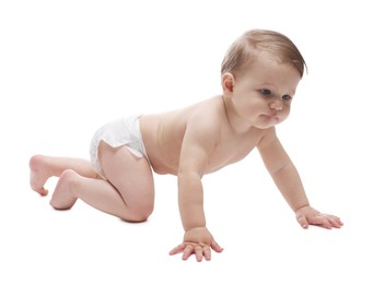 Photo of Cute little baby in diaper on white background