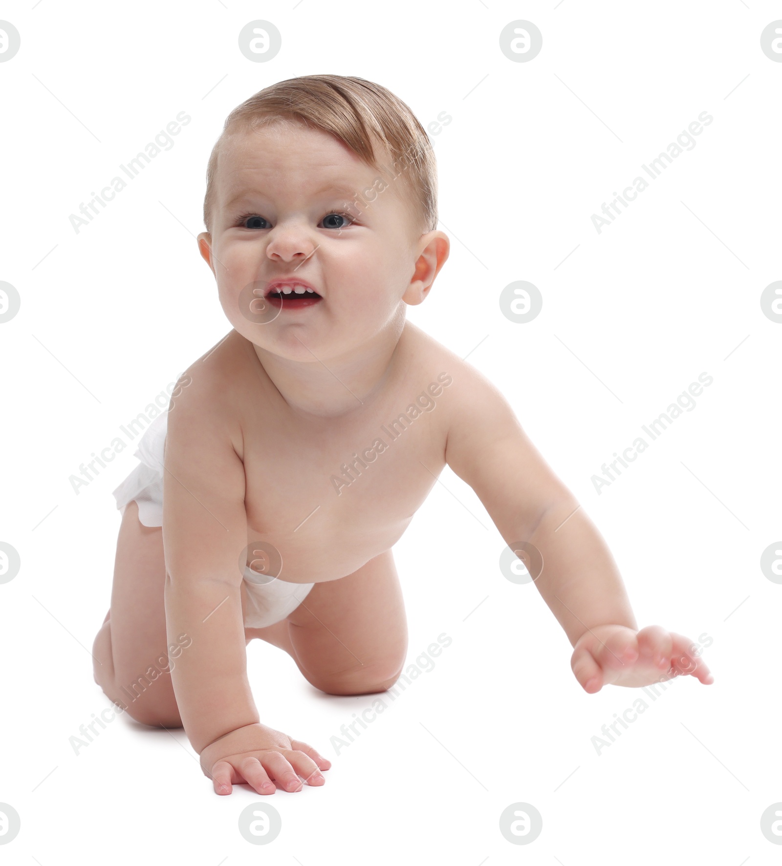 Photo of Cute little baby in diaper on white background