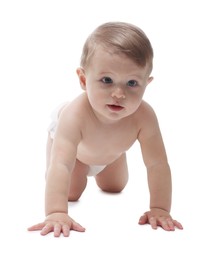 Photo of Cute little baby in diaper on white background