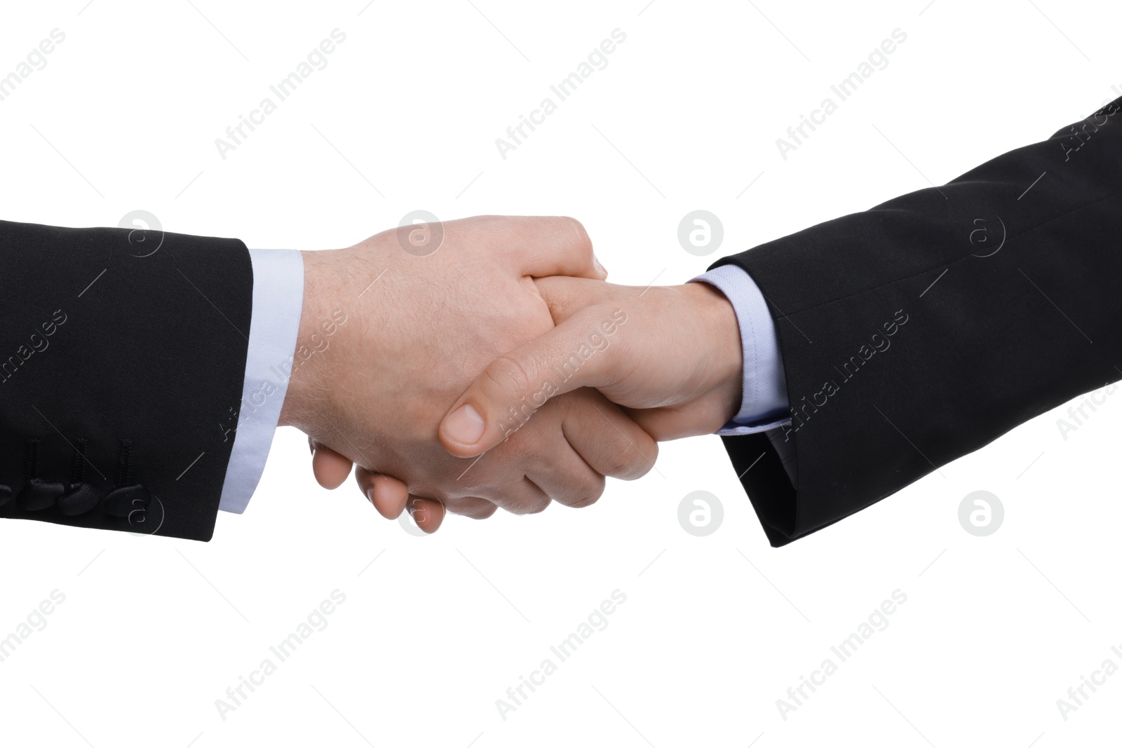 Photo of Businessmen shaking hands on white background, closeup