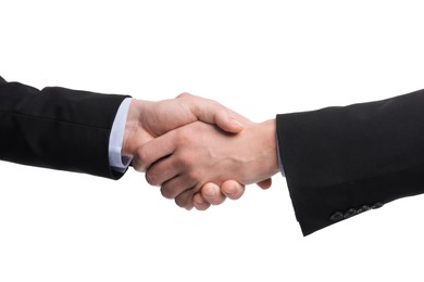 Photo of Businessmen shaking hands on white background, closeup