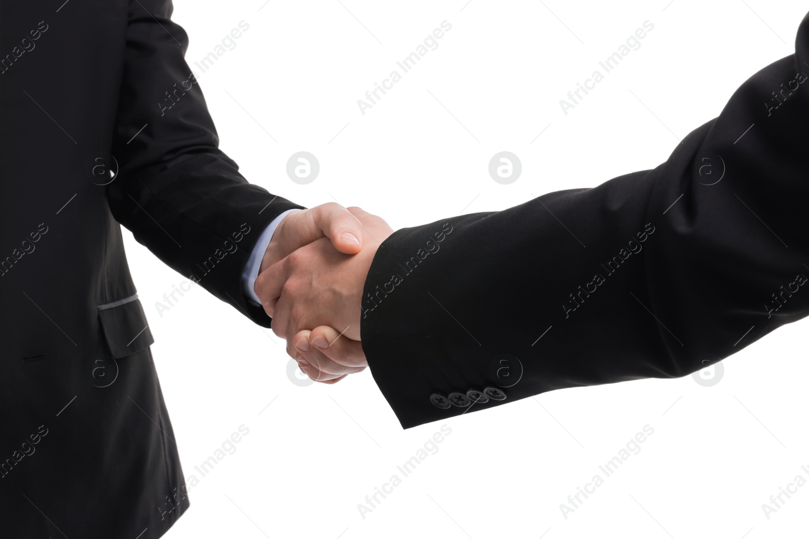 Photo of Businessmen shaking hands on white background, closeup