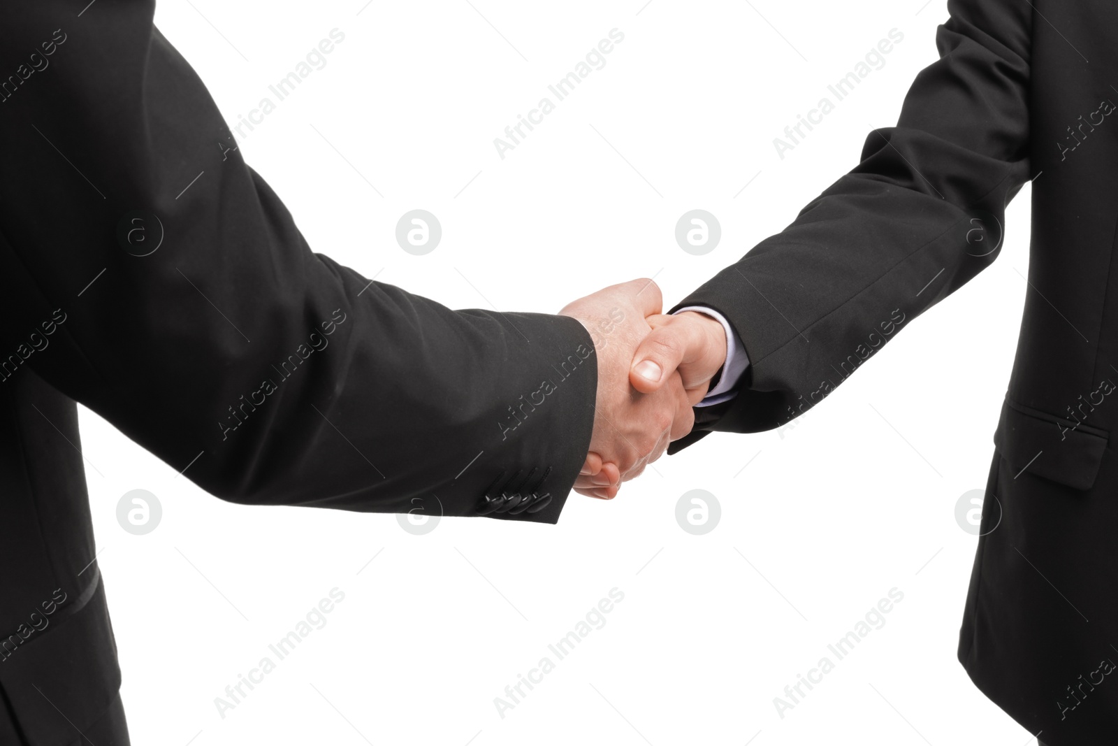 Photo of Businessmen shaking hands on white background, closeup