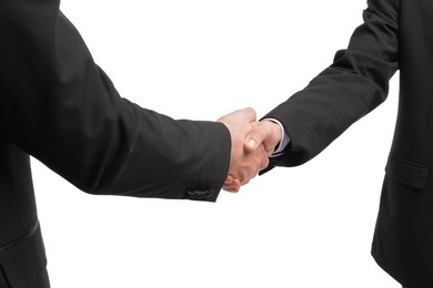 Photo of Businessmen shaking hands on white background, closeup