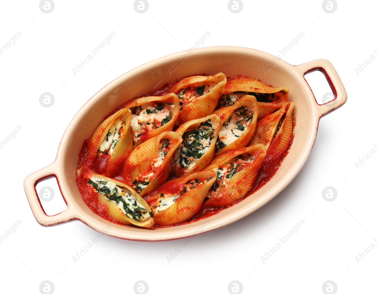 Photo of Delicious pasta with ricotta cheese, spinach and tomato sauce in baking dish isolated on white, top view