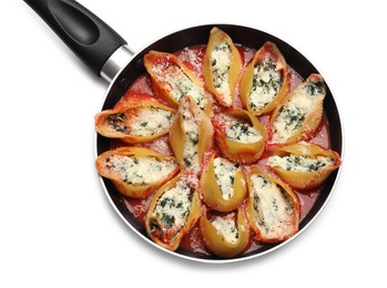 Photo of Delicious shell pasta stuffed with ricotta and spinach isolated on white, top view