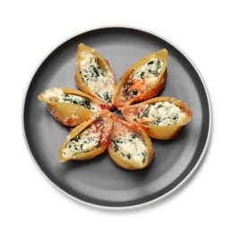 Photo of Delicious shell pasta stuffed with ricotta and spinach isolated on white, top view