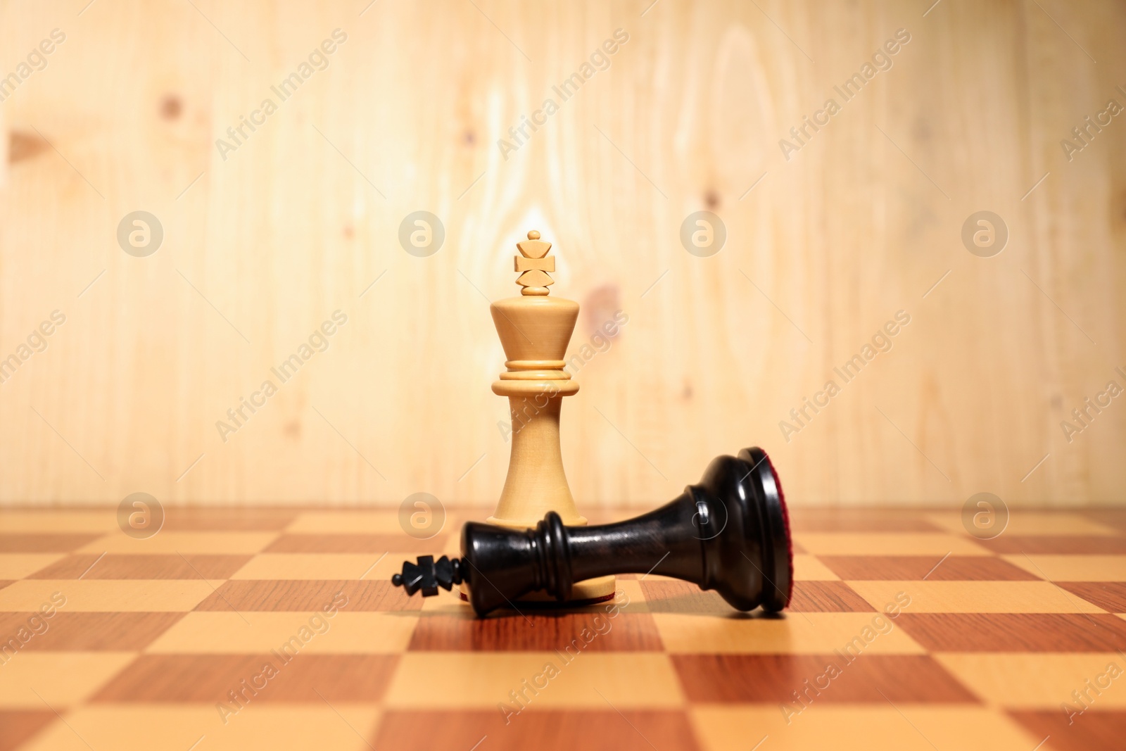 Photo of White chess king near fallen black one in middle of chessboard. Competition concept