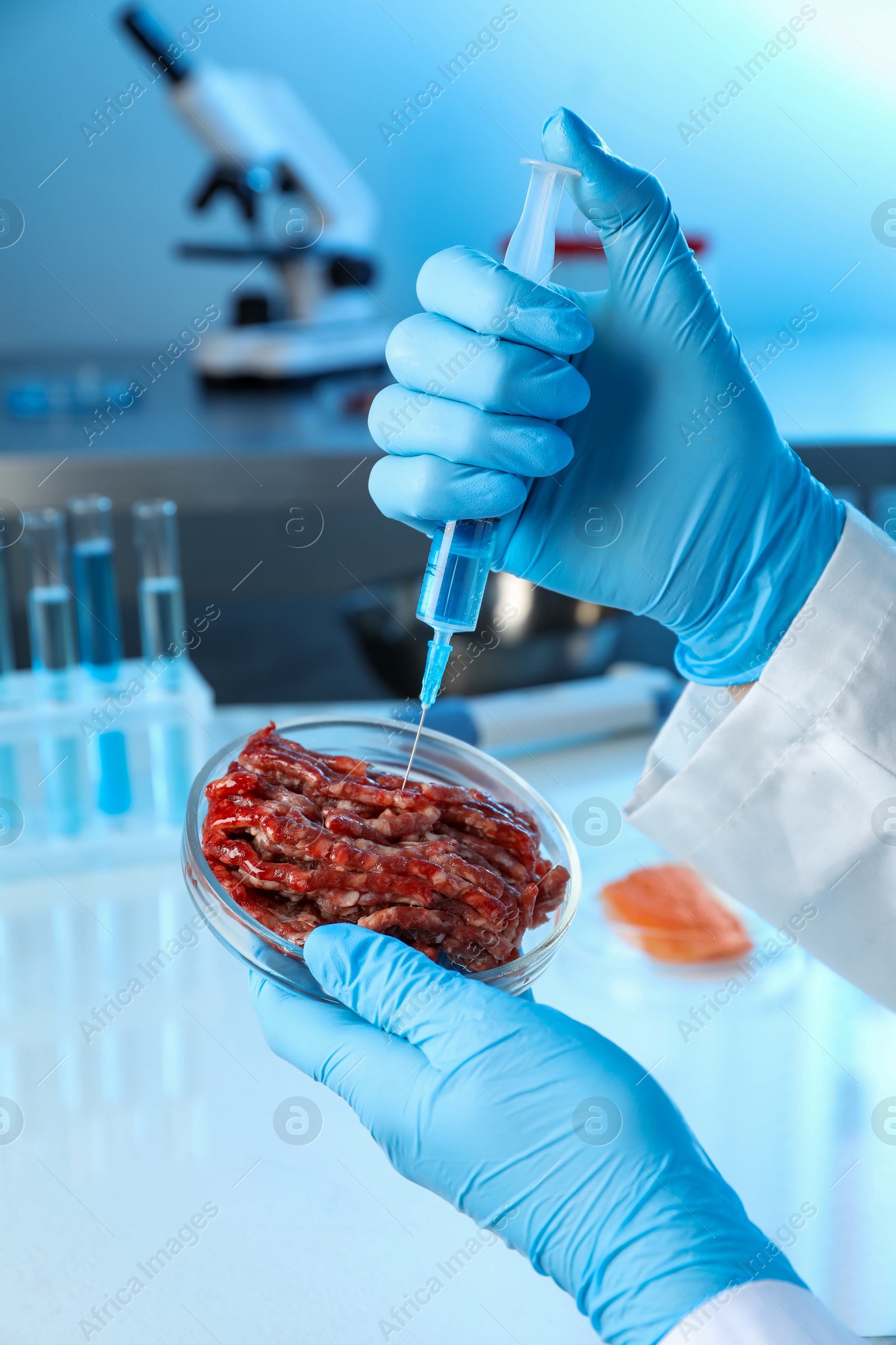 Photo of GMO concept. Scientist injecting something into minced meat in laboratory, closeup