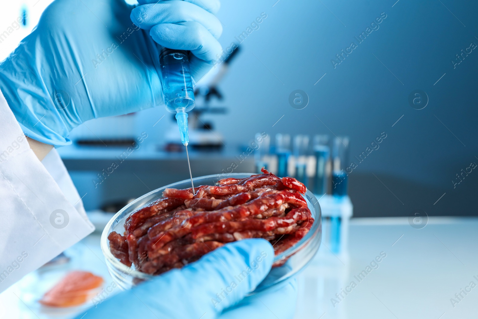 Photo of GMO concept. Scientist injecting something into minced meat in laboratory, closeup. Space for text