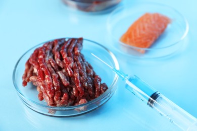 Photo of GMO concept. Minced meat and syringe on table in laboratory, closeup