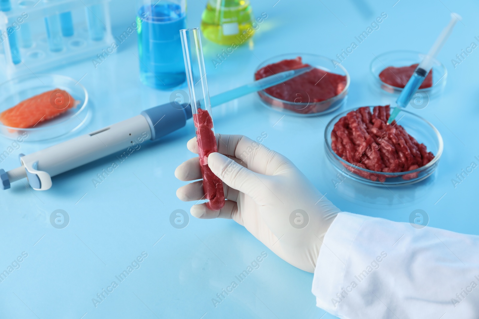 Photo of GMO concept. Scientist with meat in test tube at table, closeup