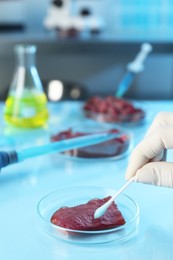 Photo of GMO concept. Scientist with swab and piece of meat at table in laboratory, closeup