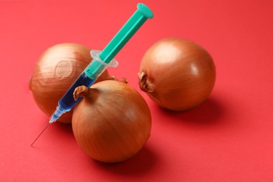 Photo of GMO concept. Onion bulbs and syringe with liquid on red background, closeup