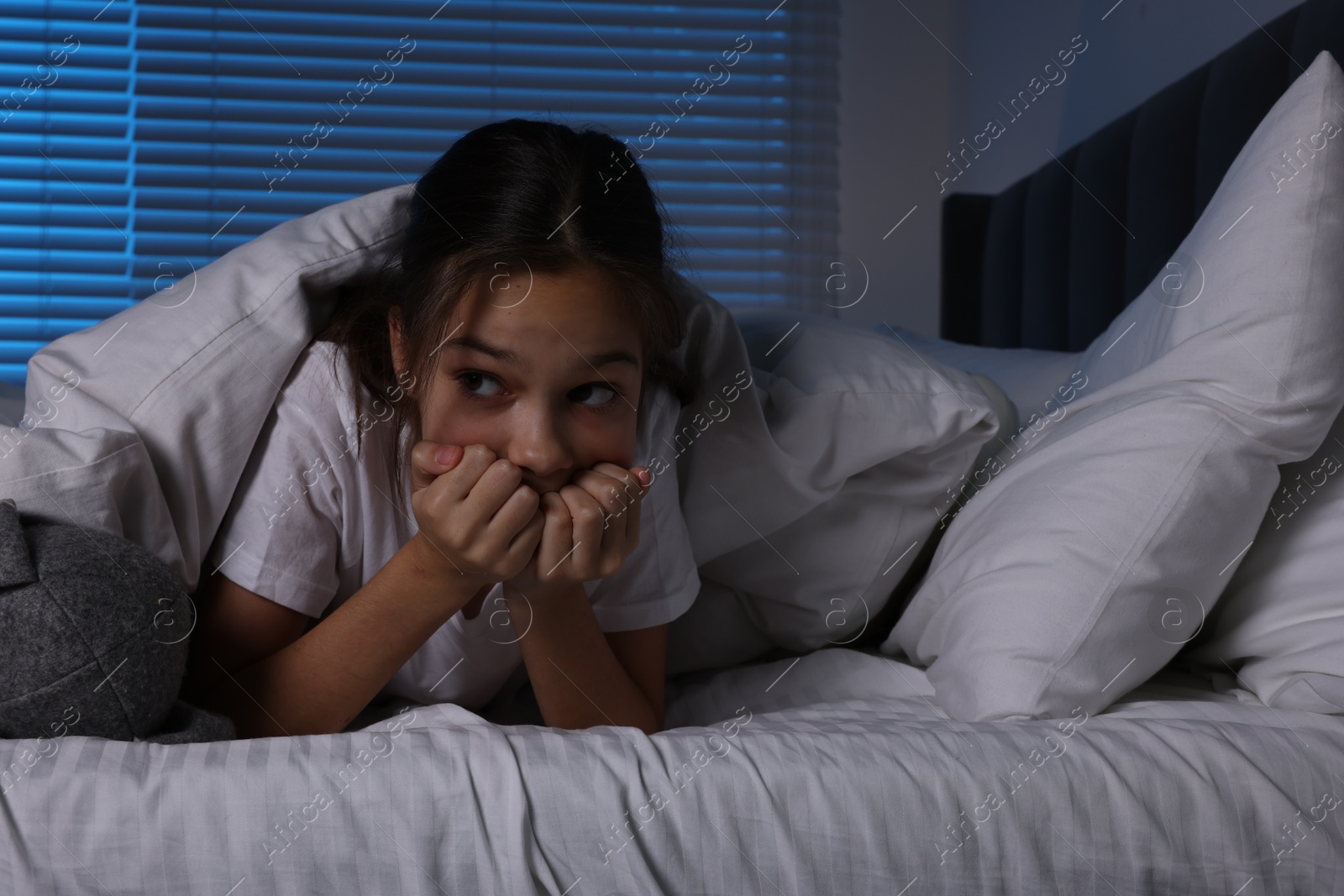 Photo of Fearful girl under duvet in bed at night