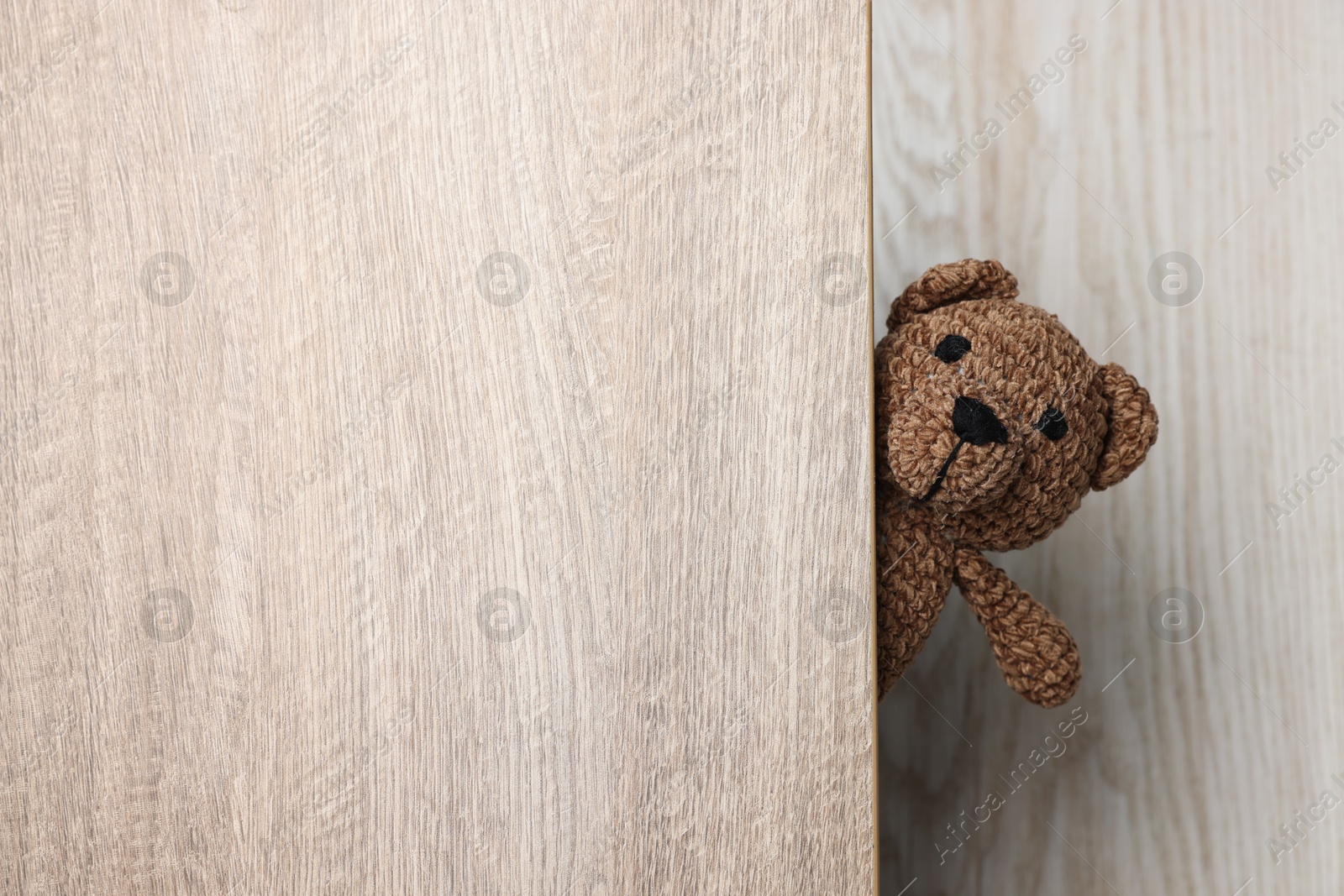 Photo of Cute knitted bear peeking out of wooden door, space for text