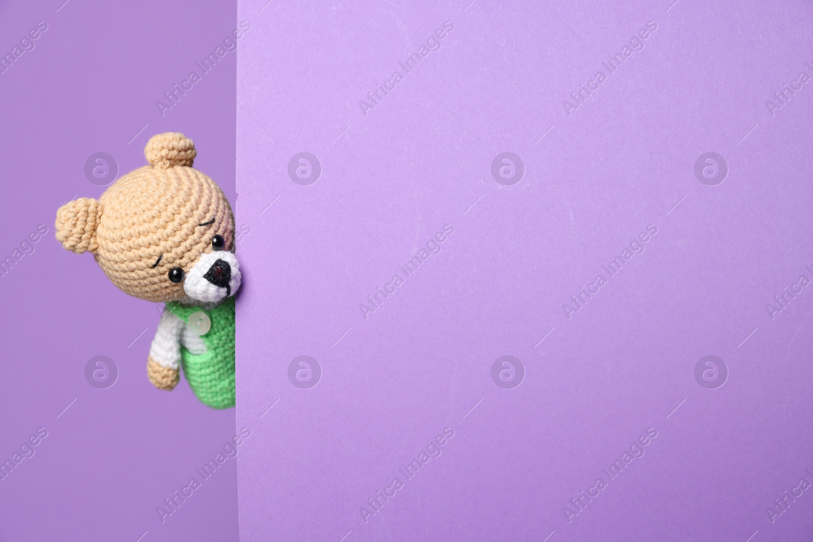 Photo of Cute knitted bear peeking out from color card on violet background, space for text