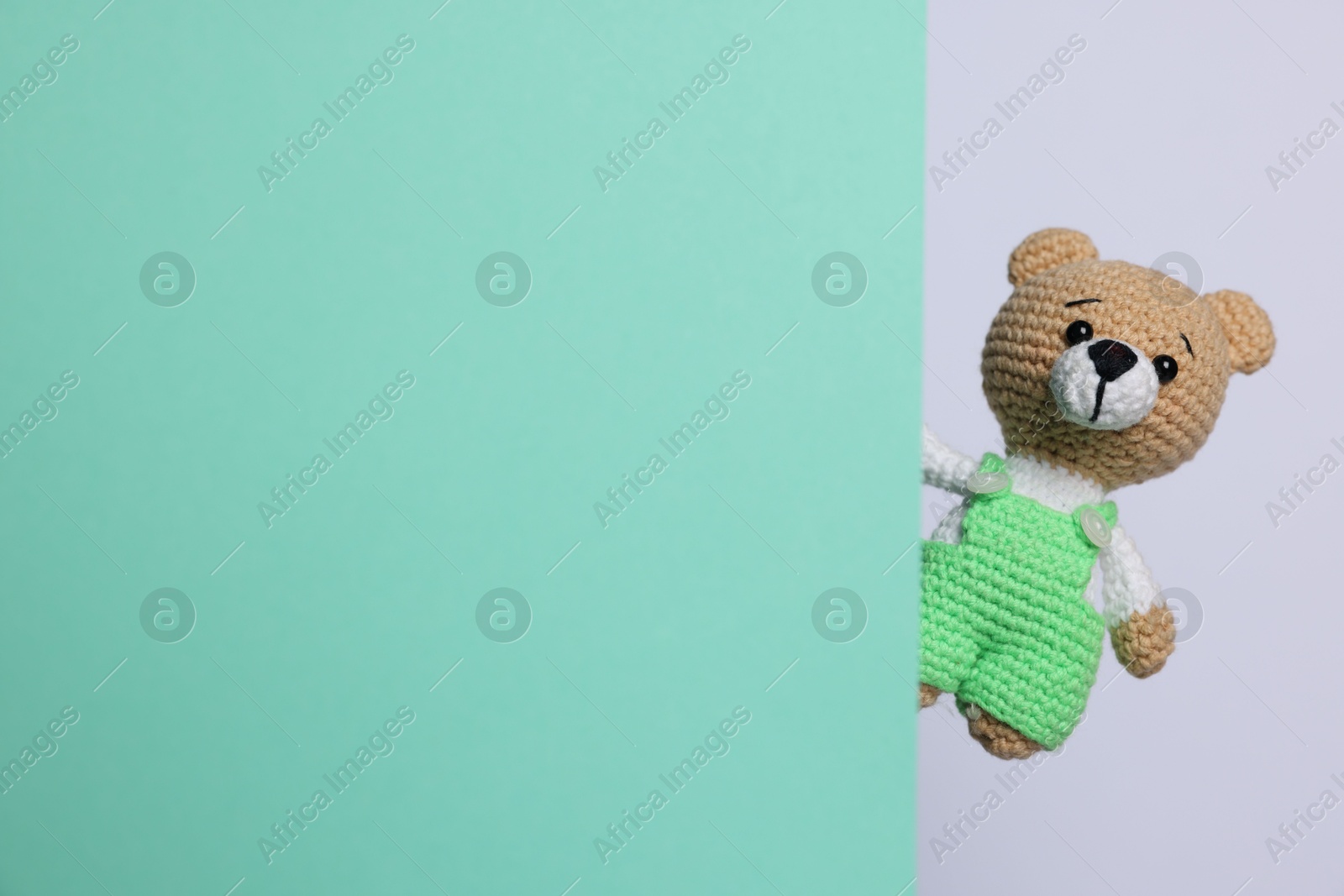 Photo of Cute knitted bear peeking out from turquoise card on white background, space for text