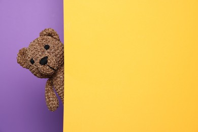 Photo of Cute knitted bear peeking out from yellow card on purple background, space for text