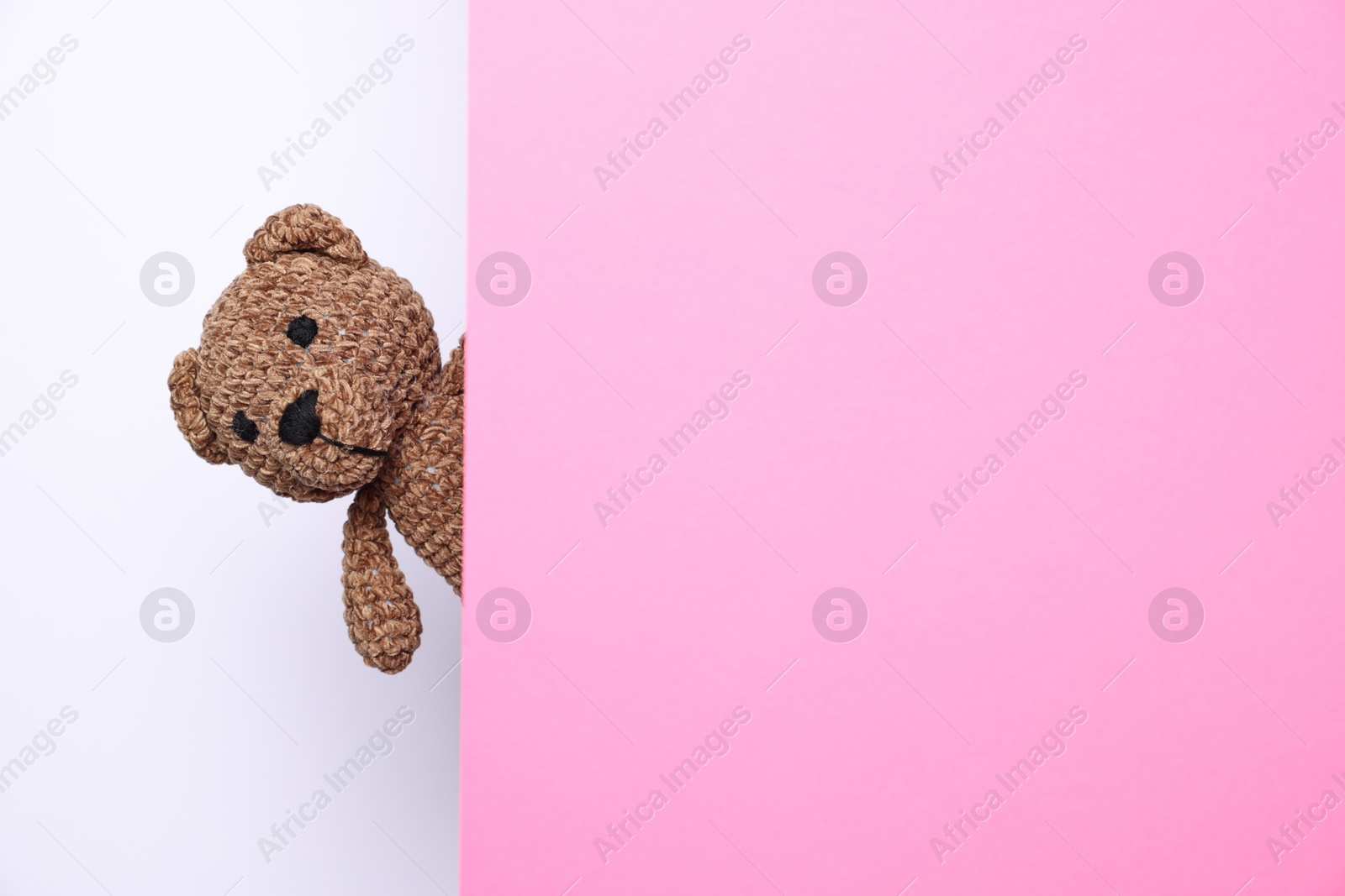 Photo of Cute knitted bear peeking out from pink card on white background, space for text