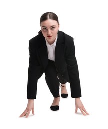 Businesswoman in starting position for run ready for competition on white background