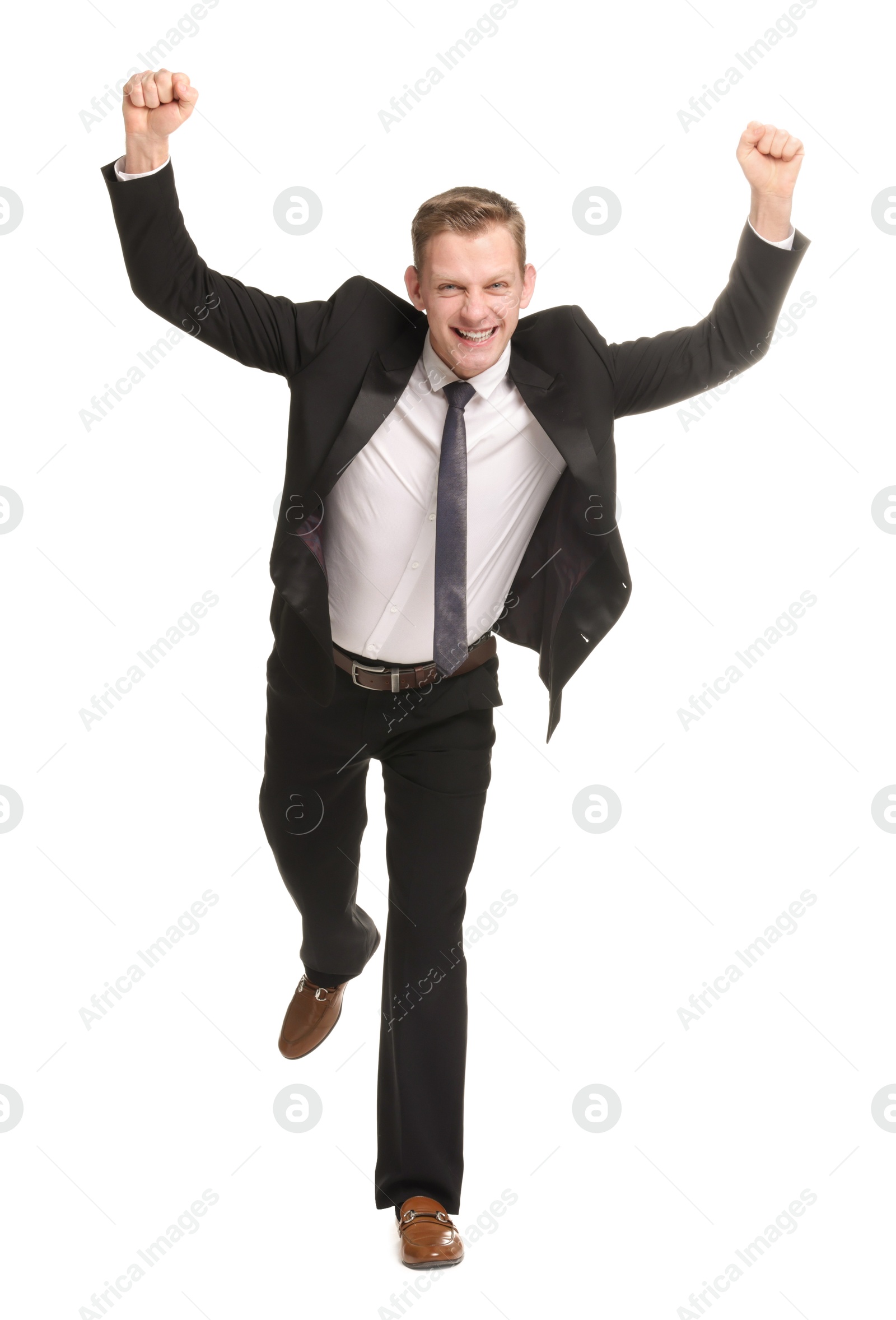 Photo of Business competition. Happy man running on white background