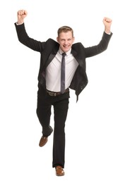 Photo of Business competition. Happy man running on white background