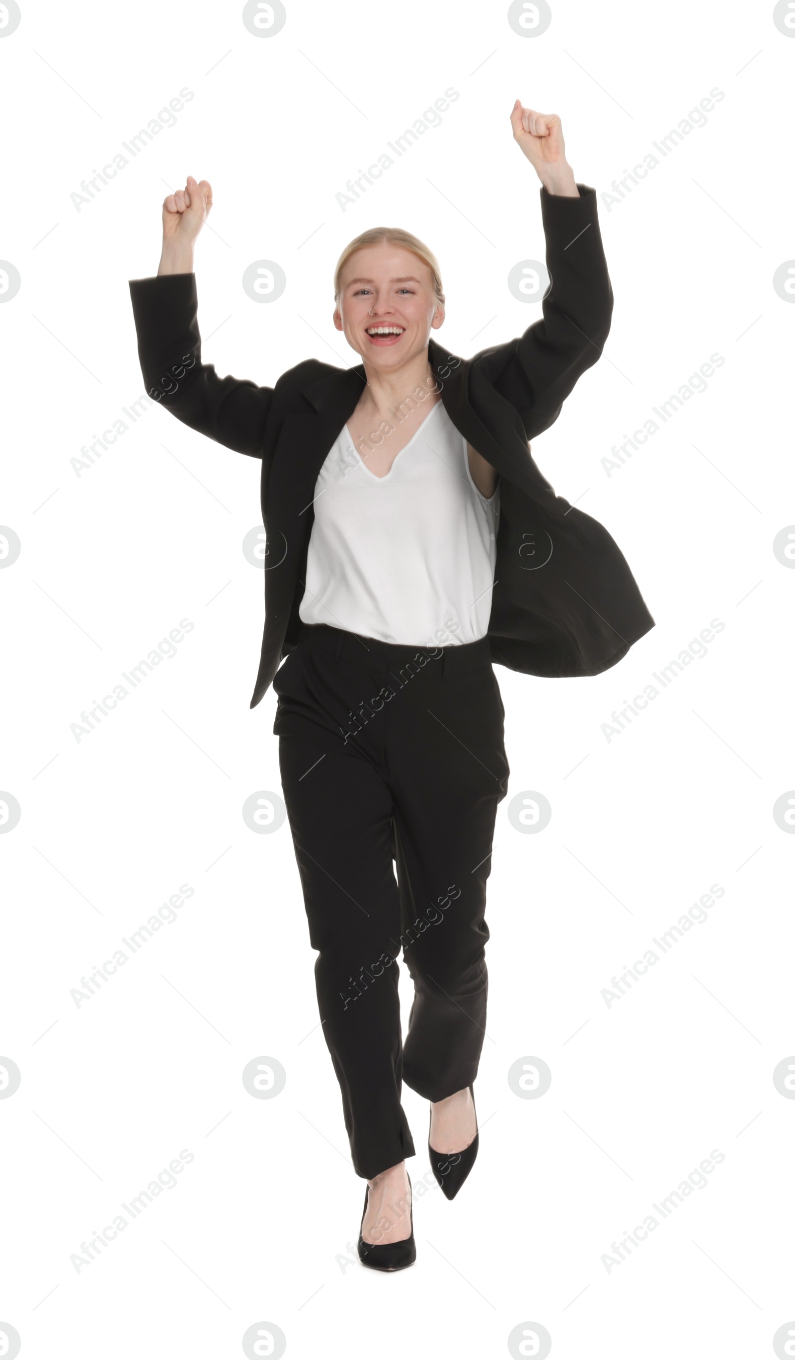 Photo of Business competition. Happy woman running on white background