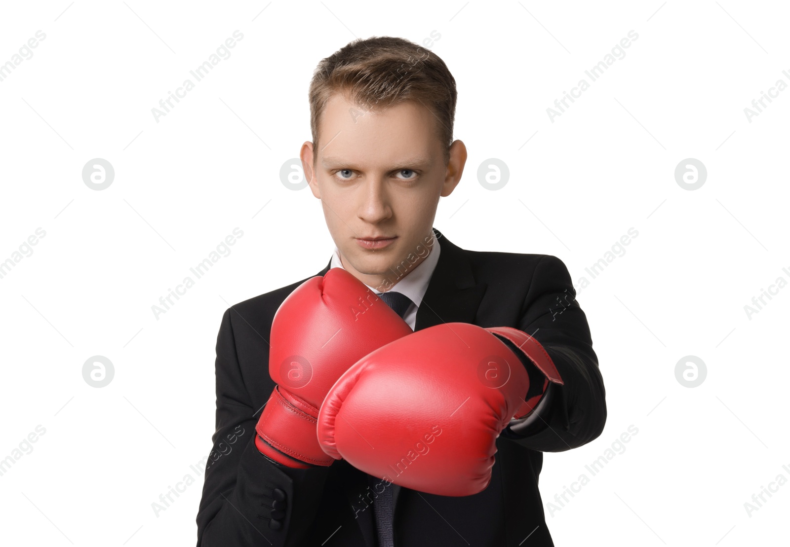 Photo of Competition. Businessman in suit wearing boxing gloves on white background