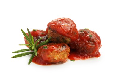 Photo of Delicious meatballs with tomato sauce and rosemary isolated on white