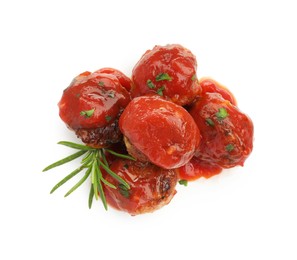 Photo of Delicious meatballs with tomato sauce and rosemary isolated on white, top view