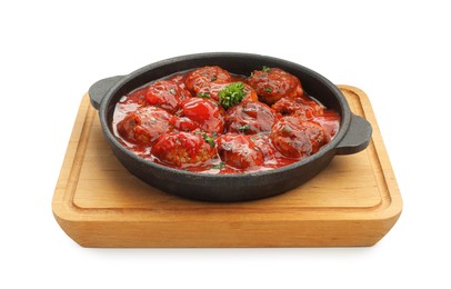 Photo of Delicious meatballs with tomato sauce in baking dish isolated on white