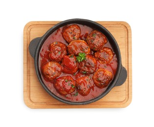 Photo of Delicious meatballs with tomato sauce in baking dish isolated on white, top view