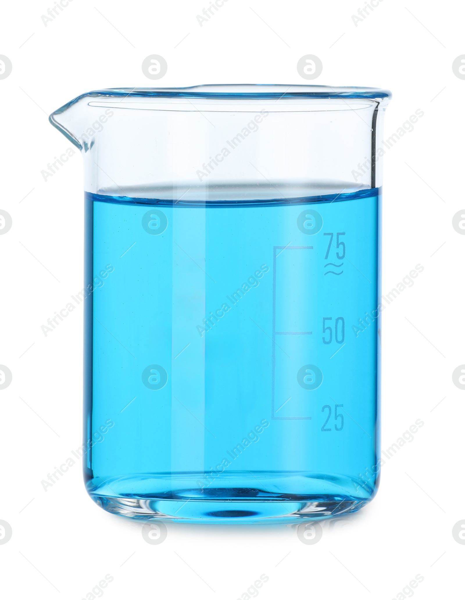 Photo of Glass beaker with light blue liquid on mirror surface against white background